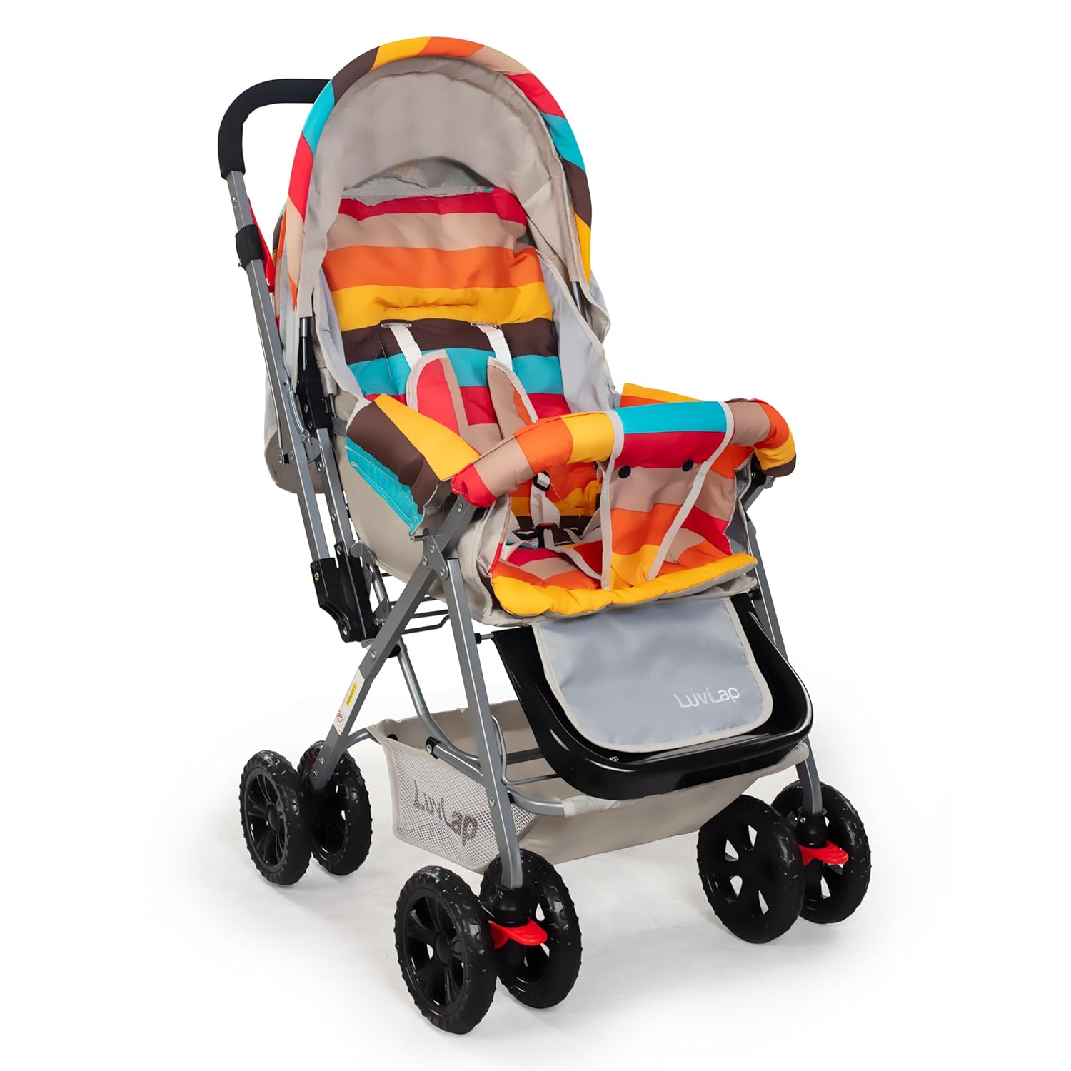 LuvLap Sunshine red and black baby stroller with 5-point safety harness. www,usmile.toys